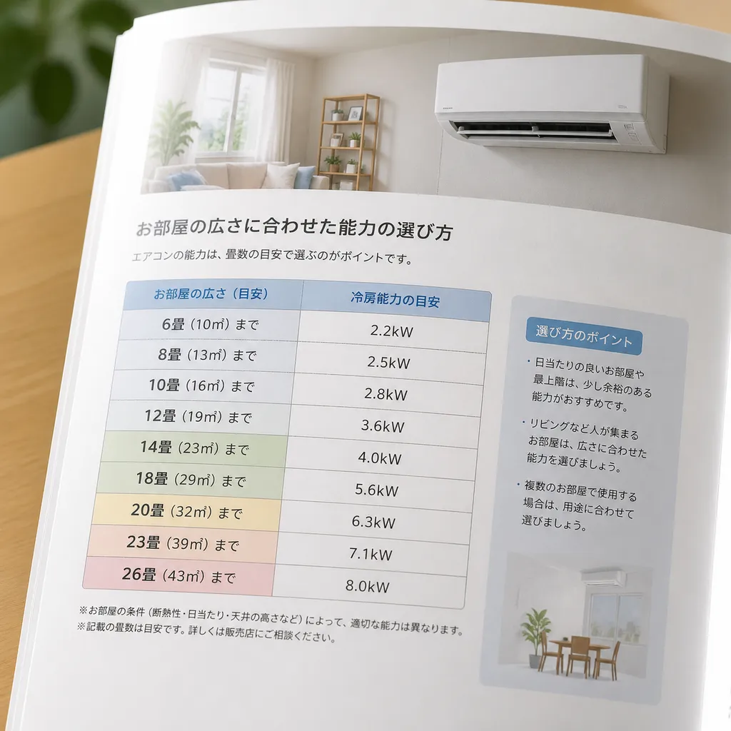 畳数の目安が載ったエアコンのカタログ表