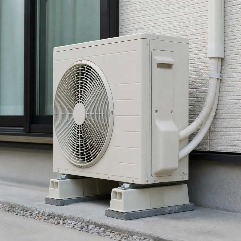 配管とプラロックで設置されたエアコンの室外機