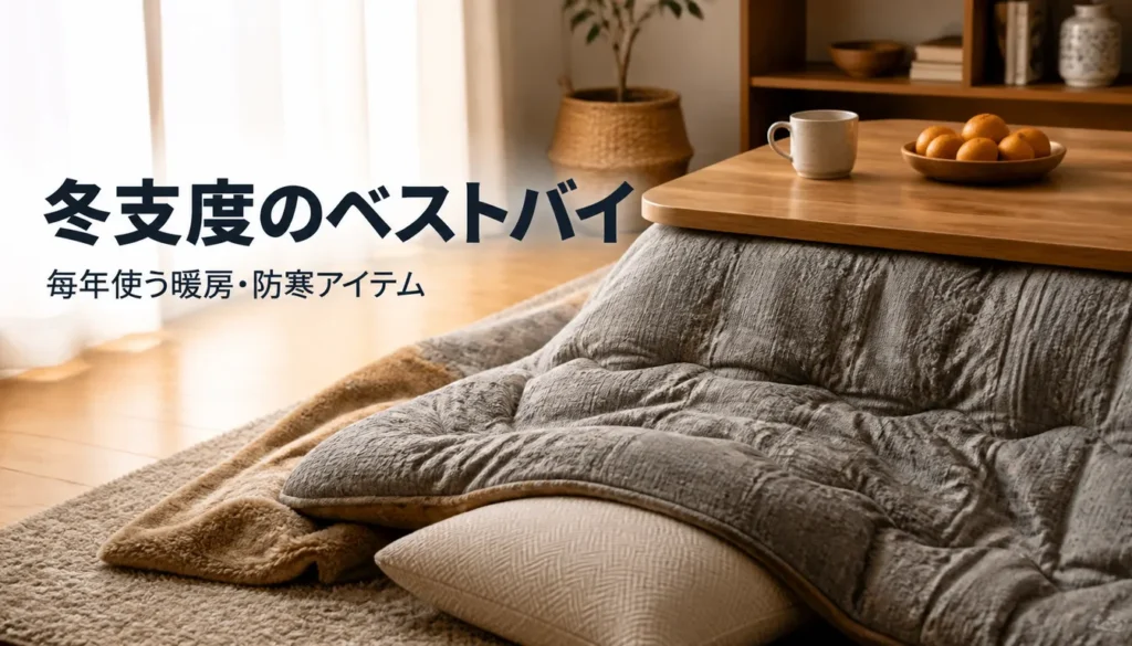 厚手の布団をかけた木製のこたつ