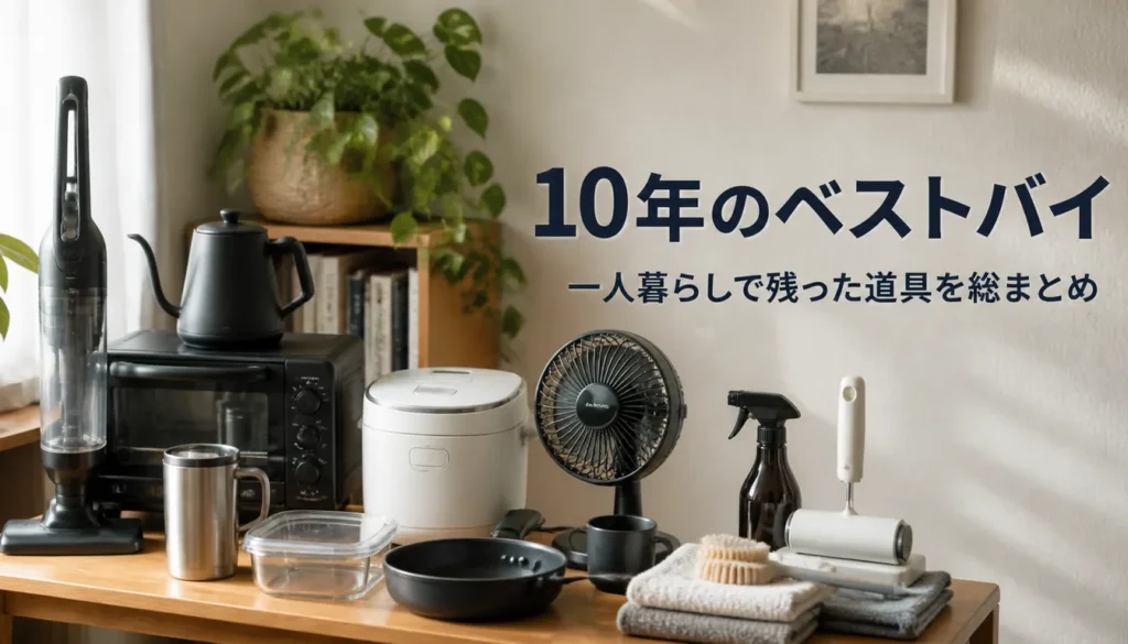 一人暮らしで使ってきた家電や生活道具を並べた様子