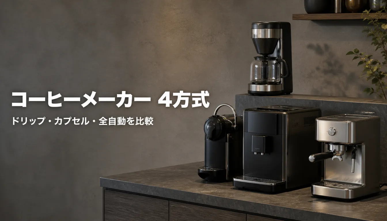 方式の異なる家庭用コーヒーメーカーを並べて比較したイメージ