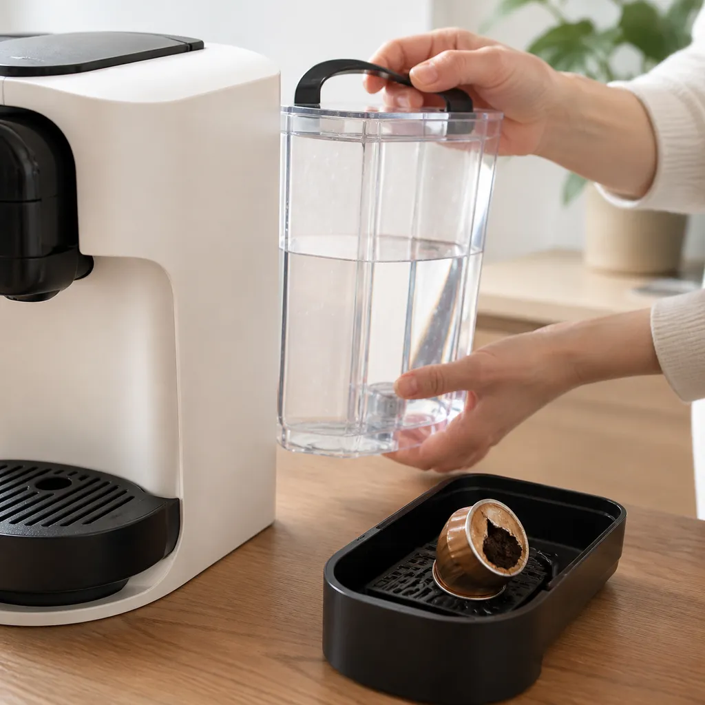 取り外した給水タンクと使用済みカプセルの手入れの様子