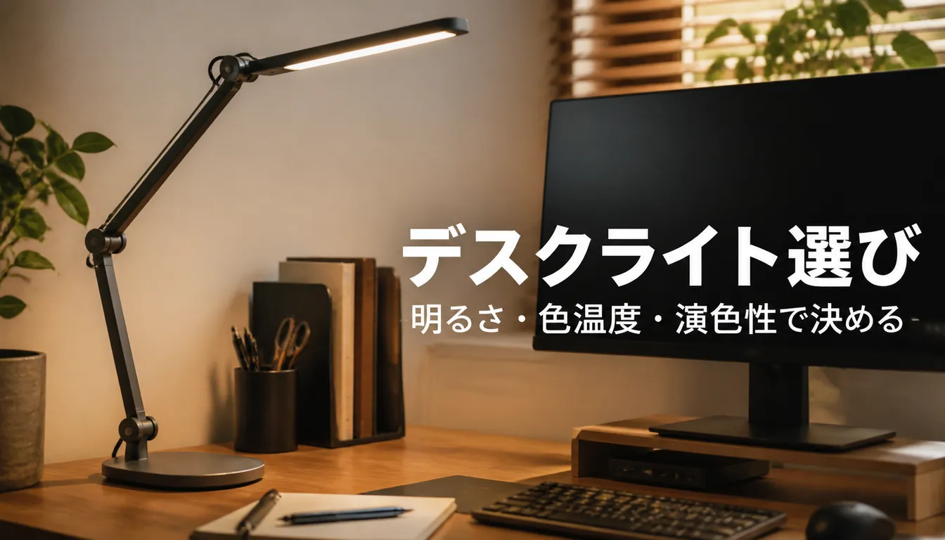 木製デスクに置かれた細身のLEDデスクライト