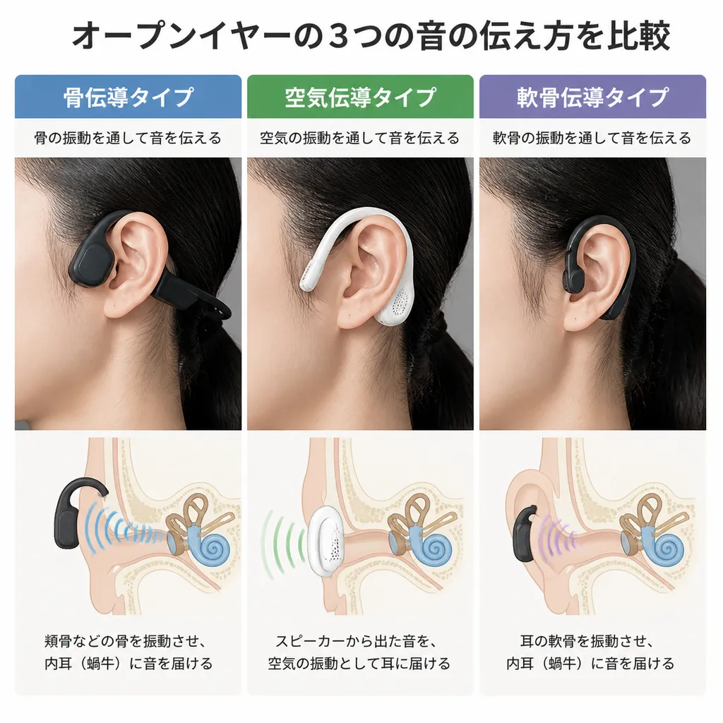 イヤーカフ・オープンイヤー・骨伝導の音の伝わり方を比べた図