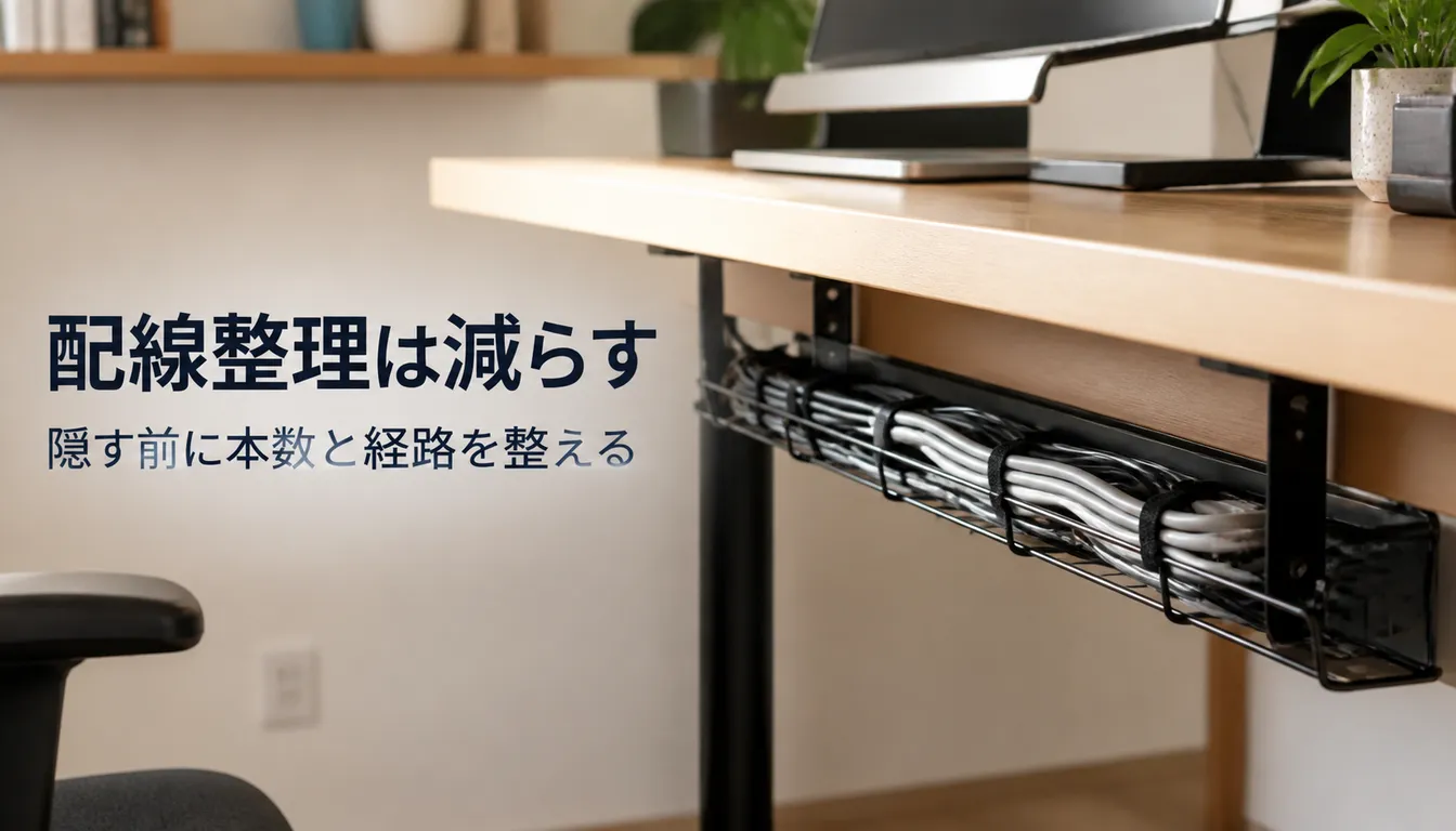 デスク裏のケーブルトレーにまとめられた配線