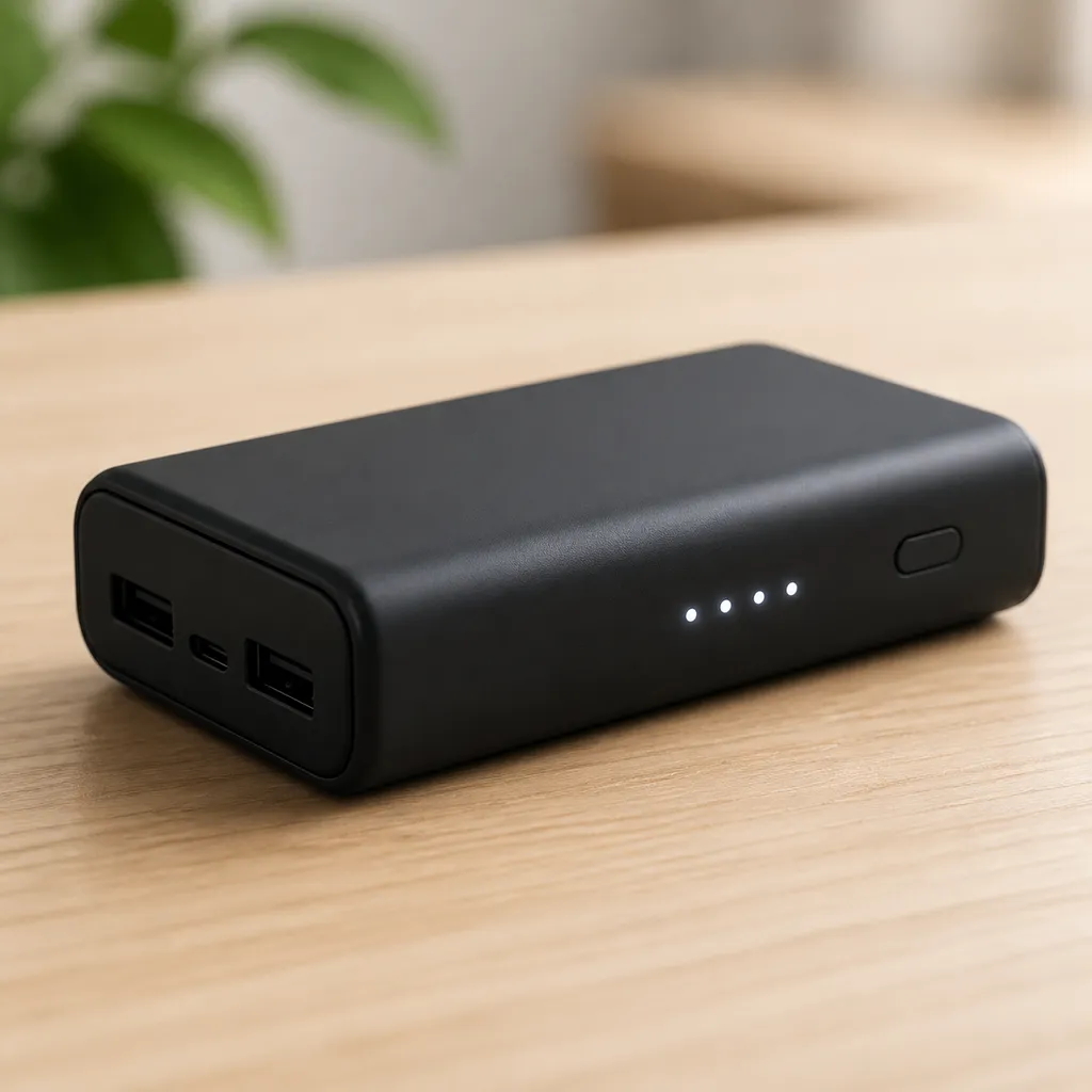 残量を示すLEDが4つ並んだ黒いモバイルバッテリー