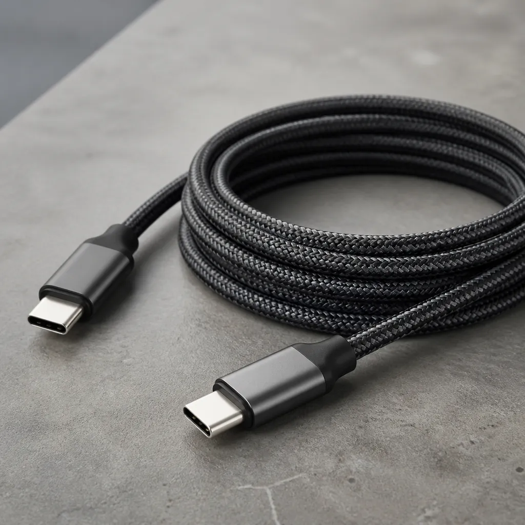 編み込み被覆のUSB-C充電ケーブルの接続端子