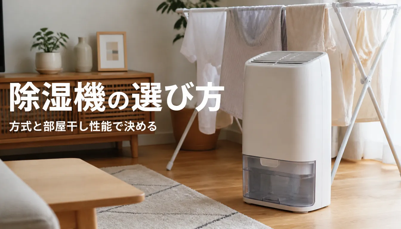 白い除湿機と部屋干しの洗濯物が並ぶ室内の様子