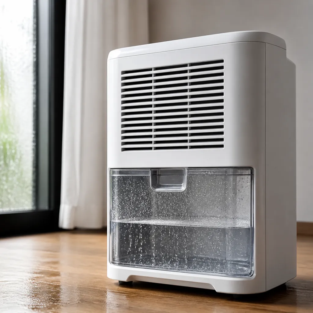 結露した水滴が見えるコンプレッサー式除湿機