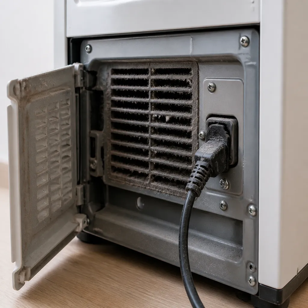 ホコリがたまった家電背面の通気口と電源プラグ