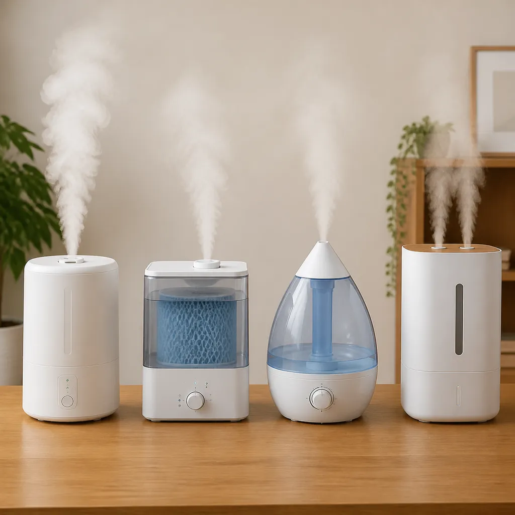 方式の異なる4種類の加湿器を並べた比較の様子
