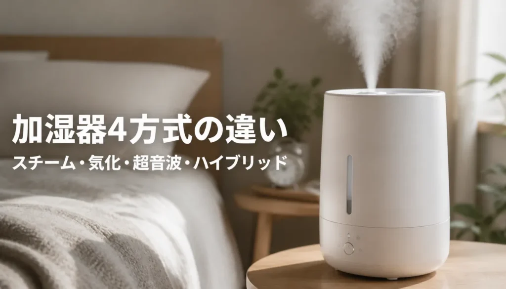 白い蒸気を立ちのぼらせるシンプルな加湿器