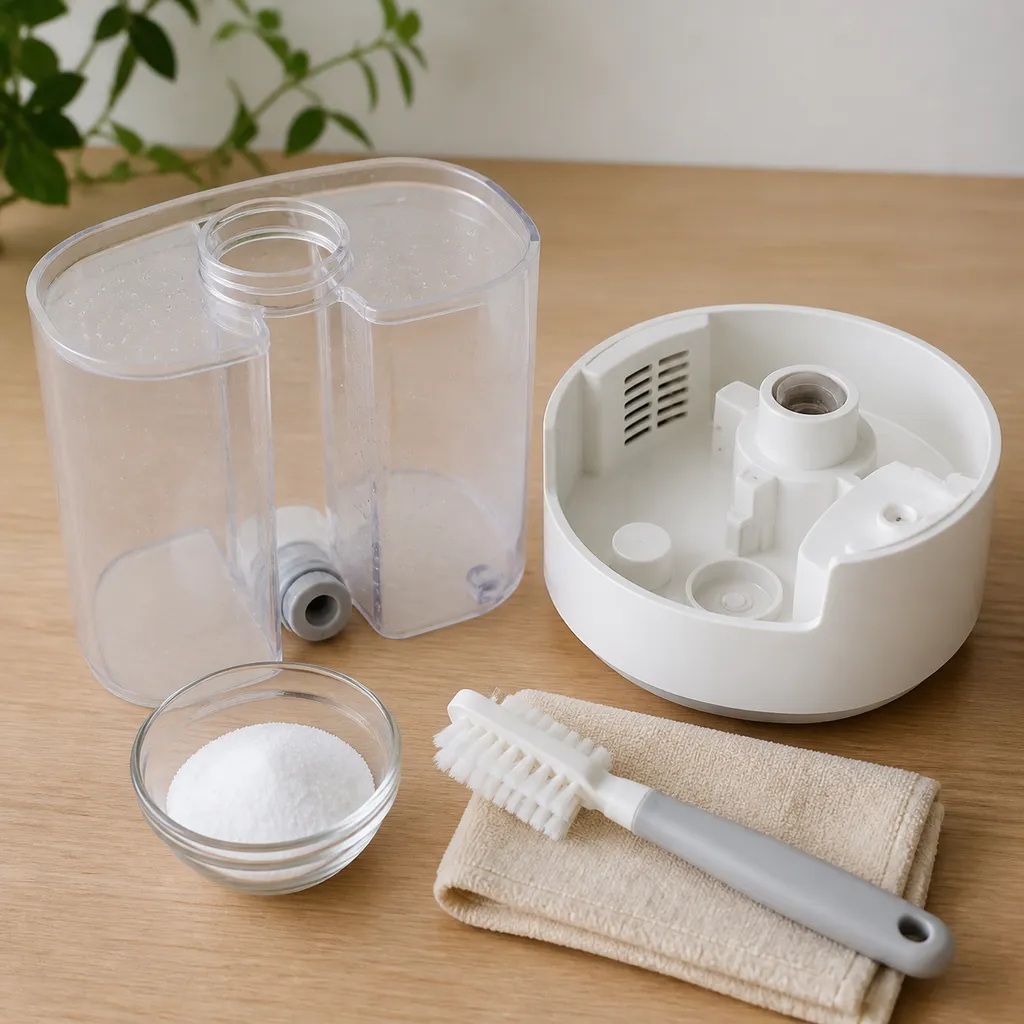 分解した加湿器のタンクと掃除用ブラシ、クエン酸