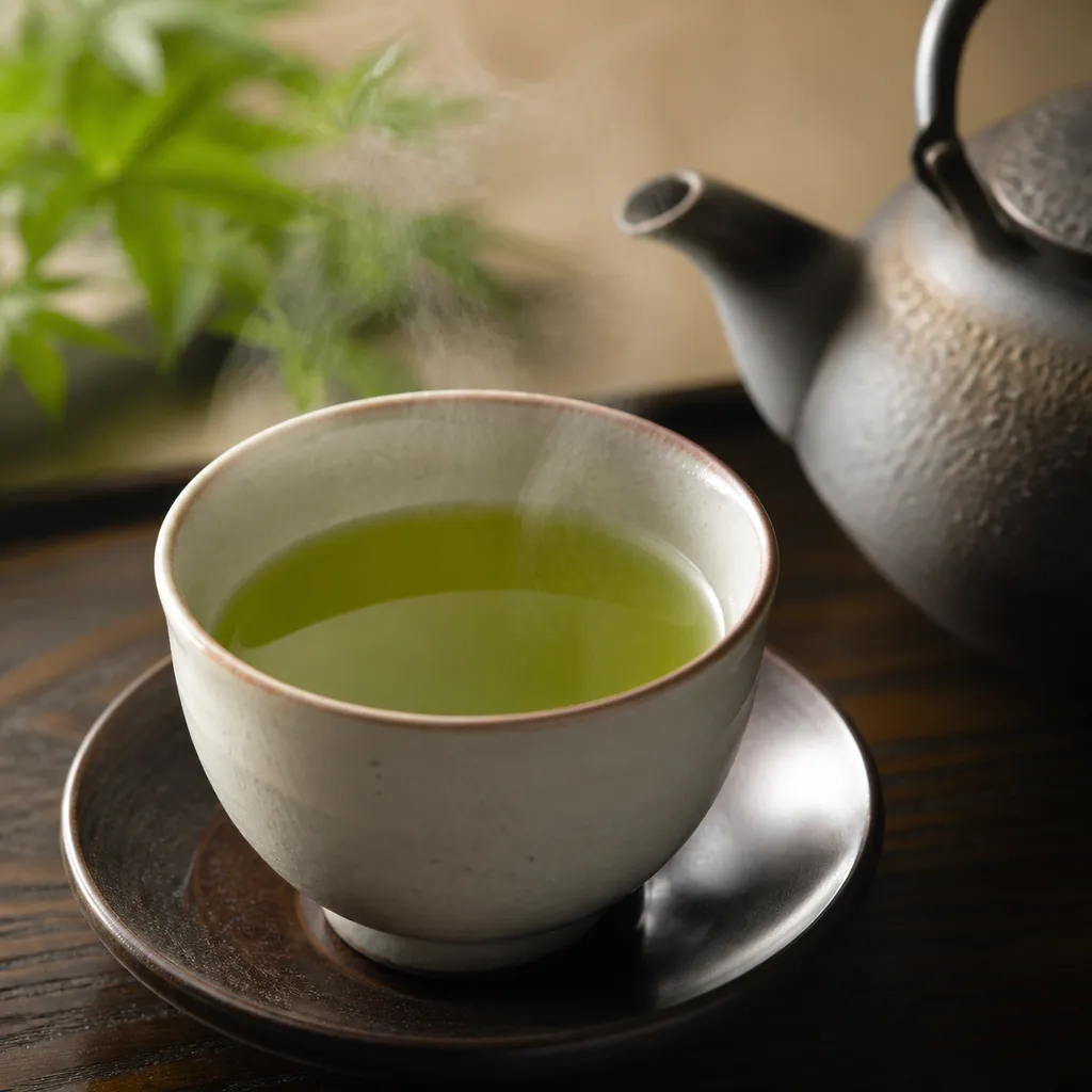 湯気の立つ緑茶の湯呑みとケトルの注ぎ口