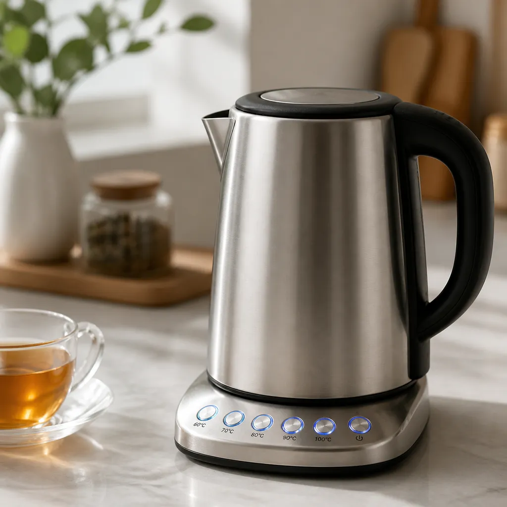 操作ボタンが光るステンレス製の温度調節ケトル