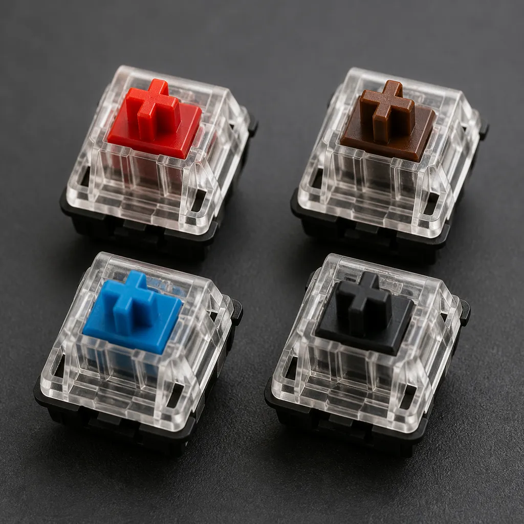 赤・茶・青・黒の軸が並んだメカニカルキーボードのスイッチ