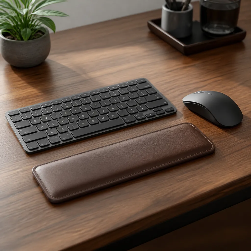 薄型マウスとレザーのパームレストを並べた小型ワイヤレスキーボード