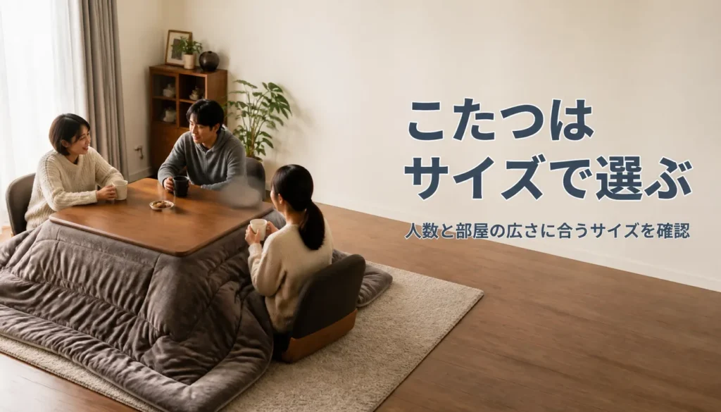 厚手の布団をかけた木製の長方形こたつテーブル