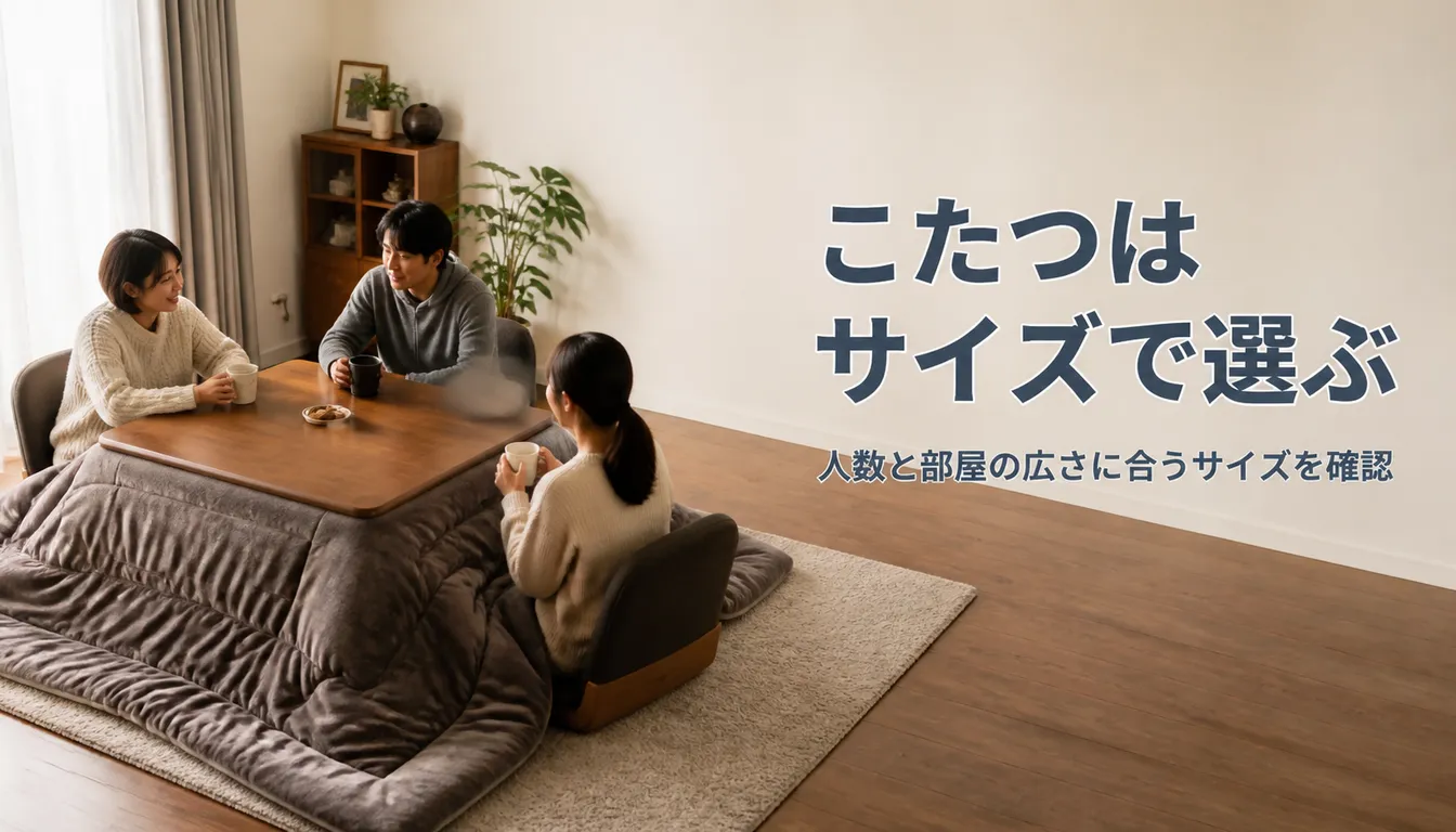 厚手の布団をかけた木製の長方形こたつテーブル