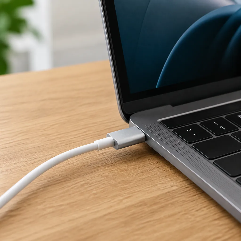 ノートPCに接続されたUSB-C急速充電ケーブル