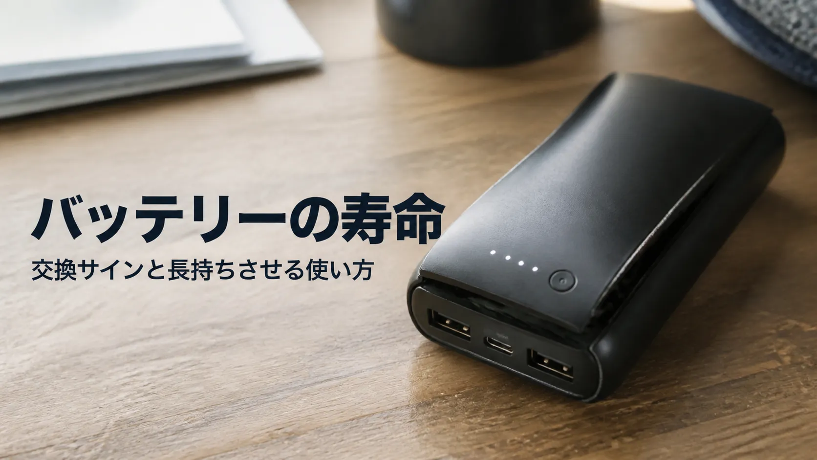 外装がわずかに膨らんだ白いモバイルバッテリー