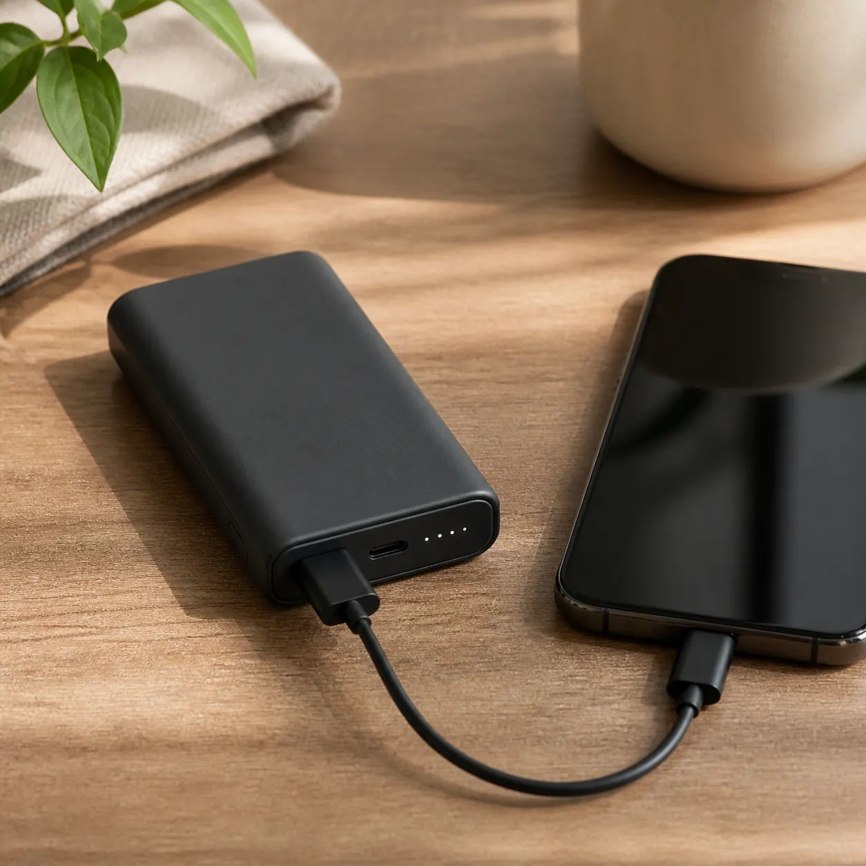 USB-Cケーブルにつないで充電中のモバイルバッテリー