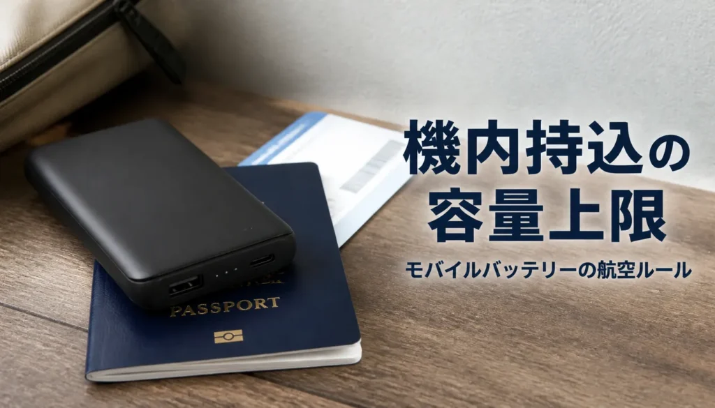 パスポートと搭乗券の横に置かれた黒いモバイルバッテリー