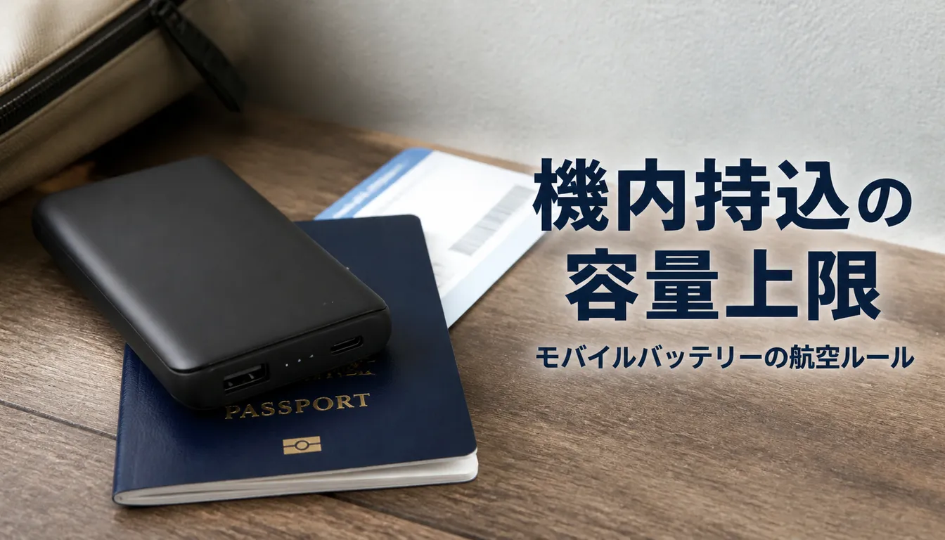 パスポートと搭乗券の横に置かれた黒いモバイルバッテリー