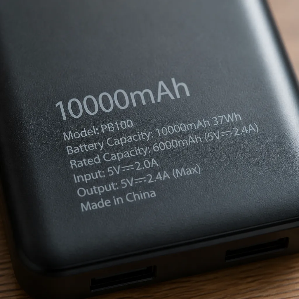 モバイルバッテリー本体に印字された容量表示のアップ