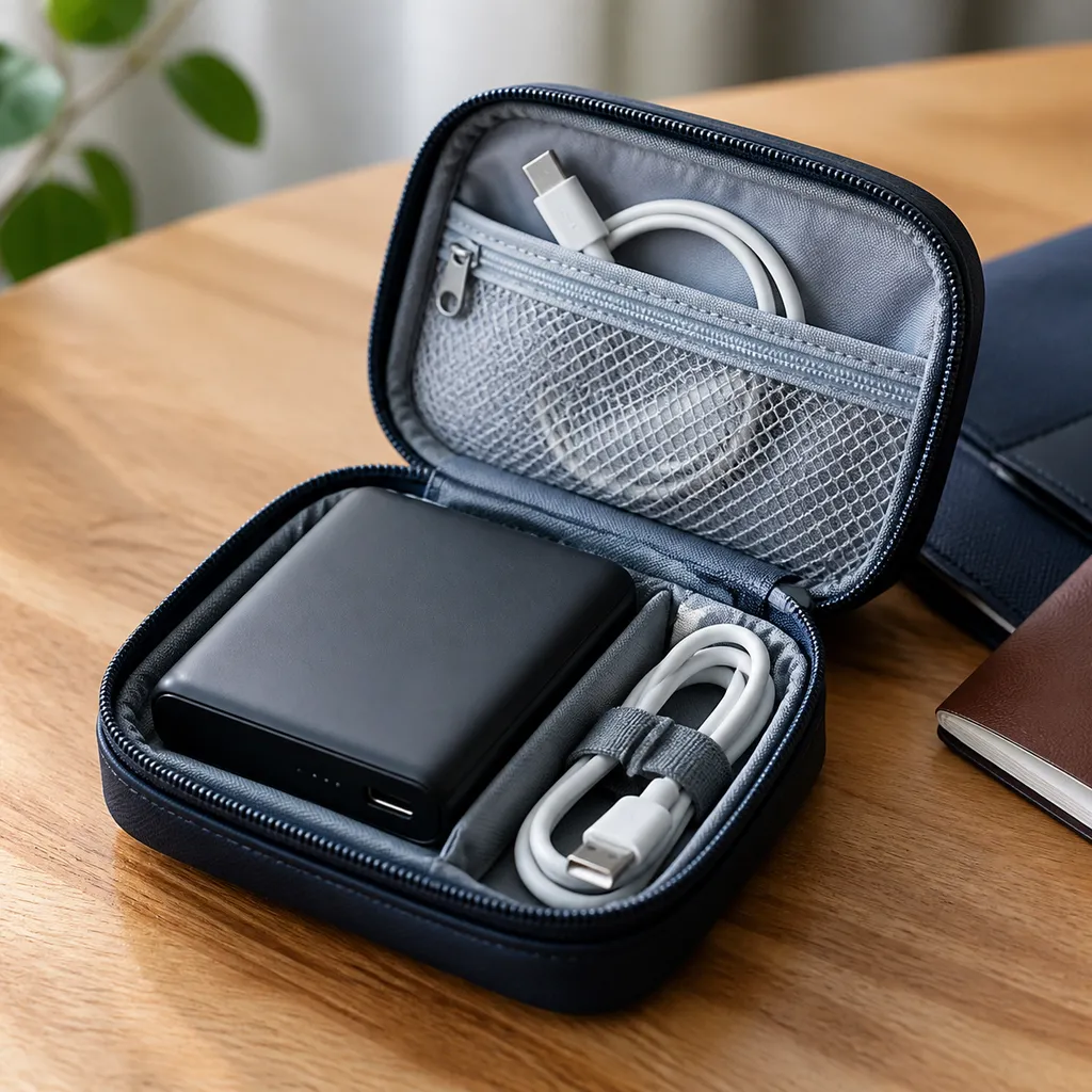 充電ケーブルと一緒にポーチへ入れた小型モバイルバッテリー