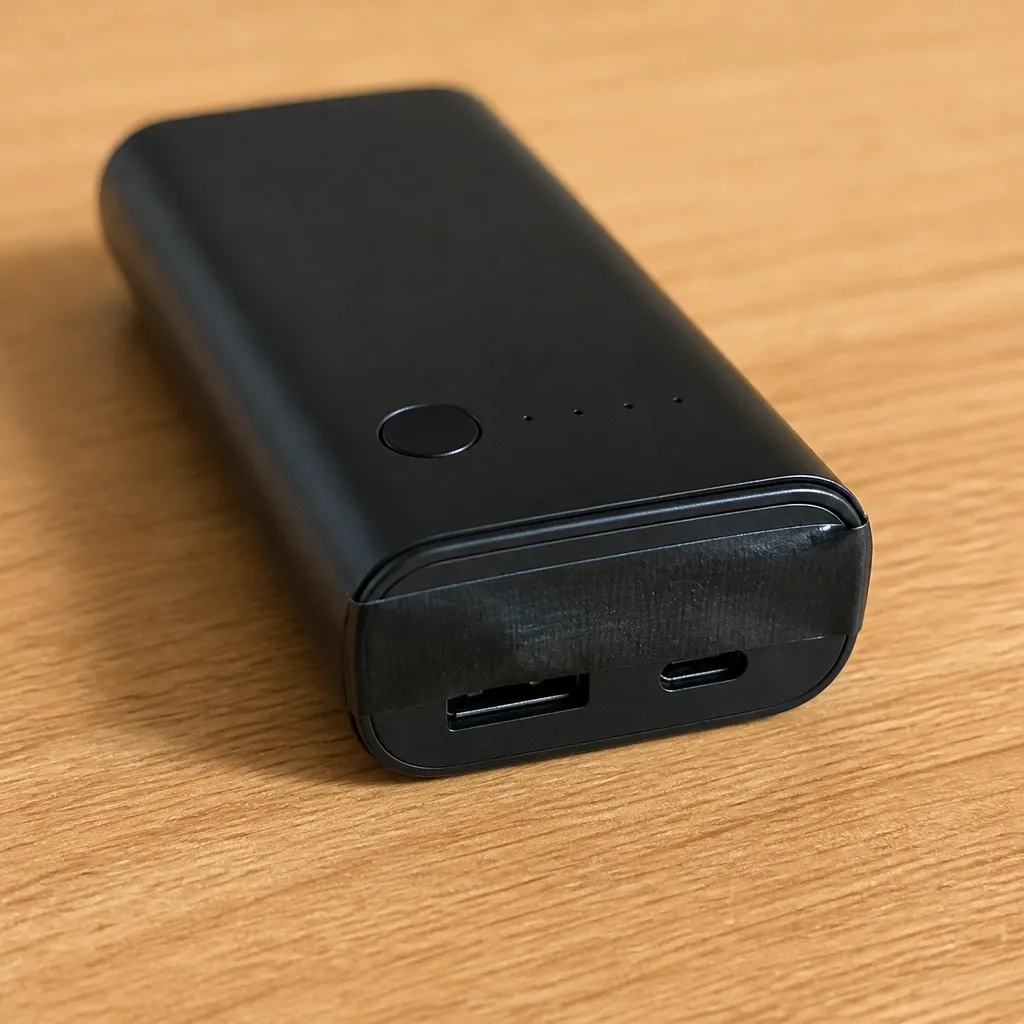 USB端子をテープで覆って絶縁したモバイルバッテリー