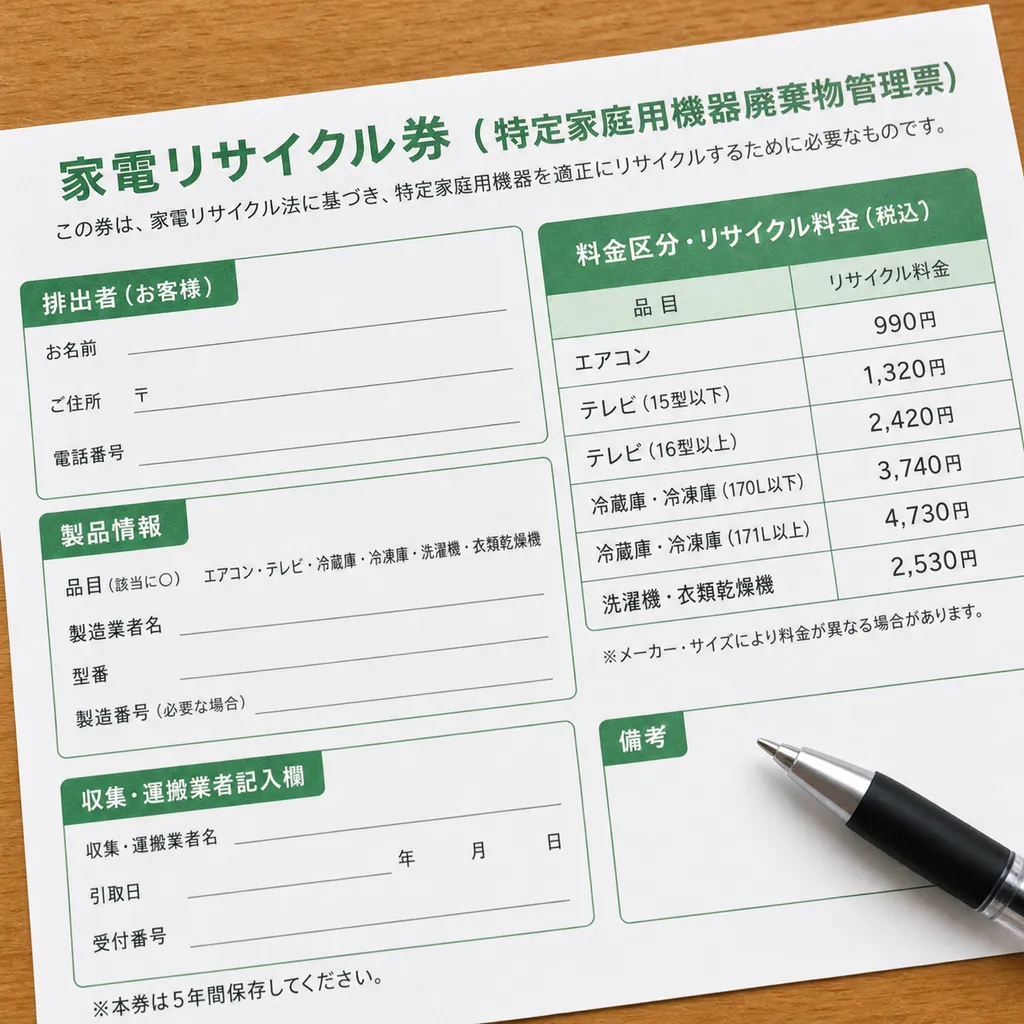 料金欄が印刷された家電リサイクル券の用紙