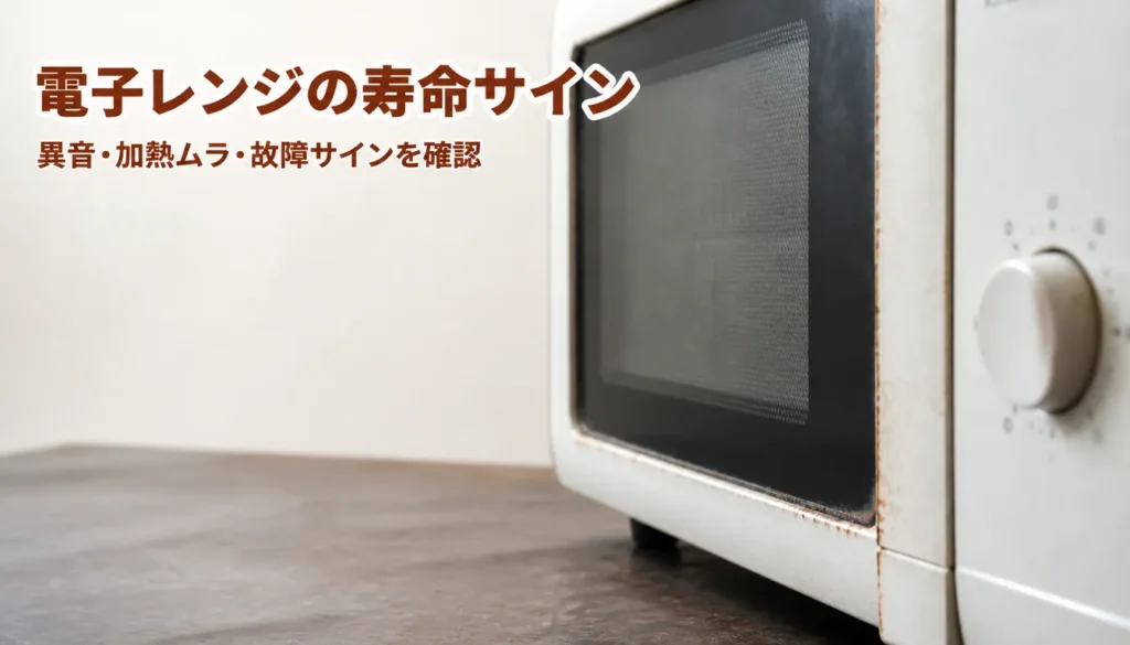 扉のふちが錆びかけた白い電子レンジ