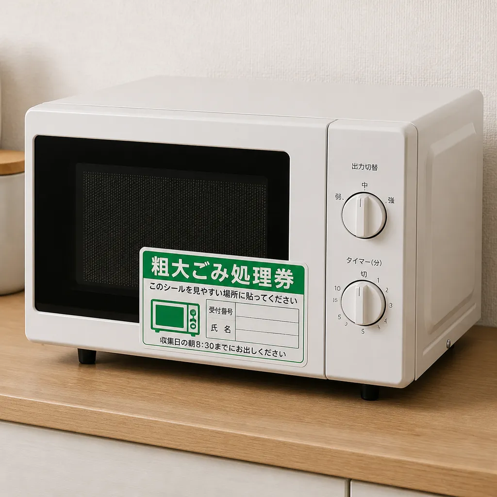 粗大ごみ処理券を貼られた電子レンジ本体