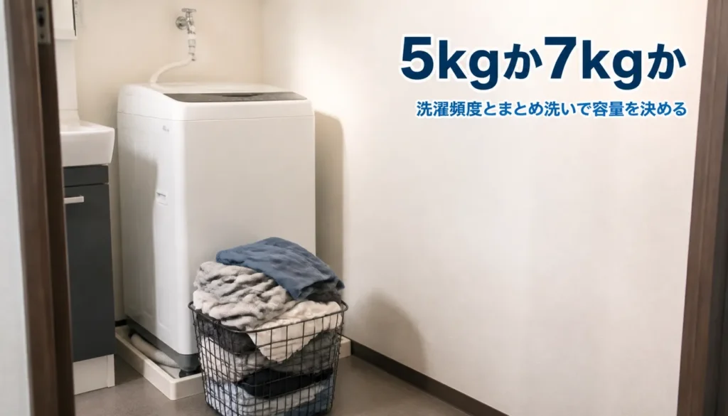 一人暮らし向けの白い縦型洗濯機と洗濯かご