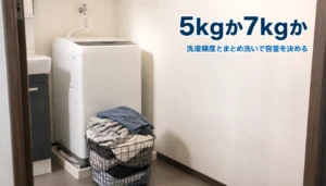 一人暮らし向けの白い縦型洗濯機と洗濯かご