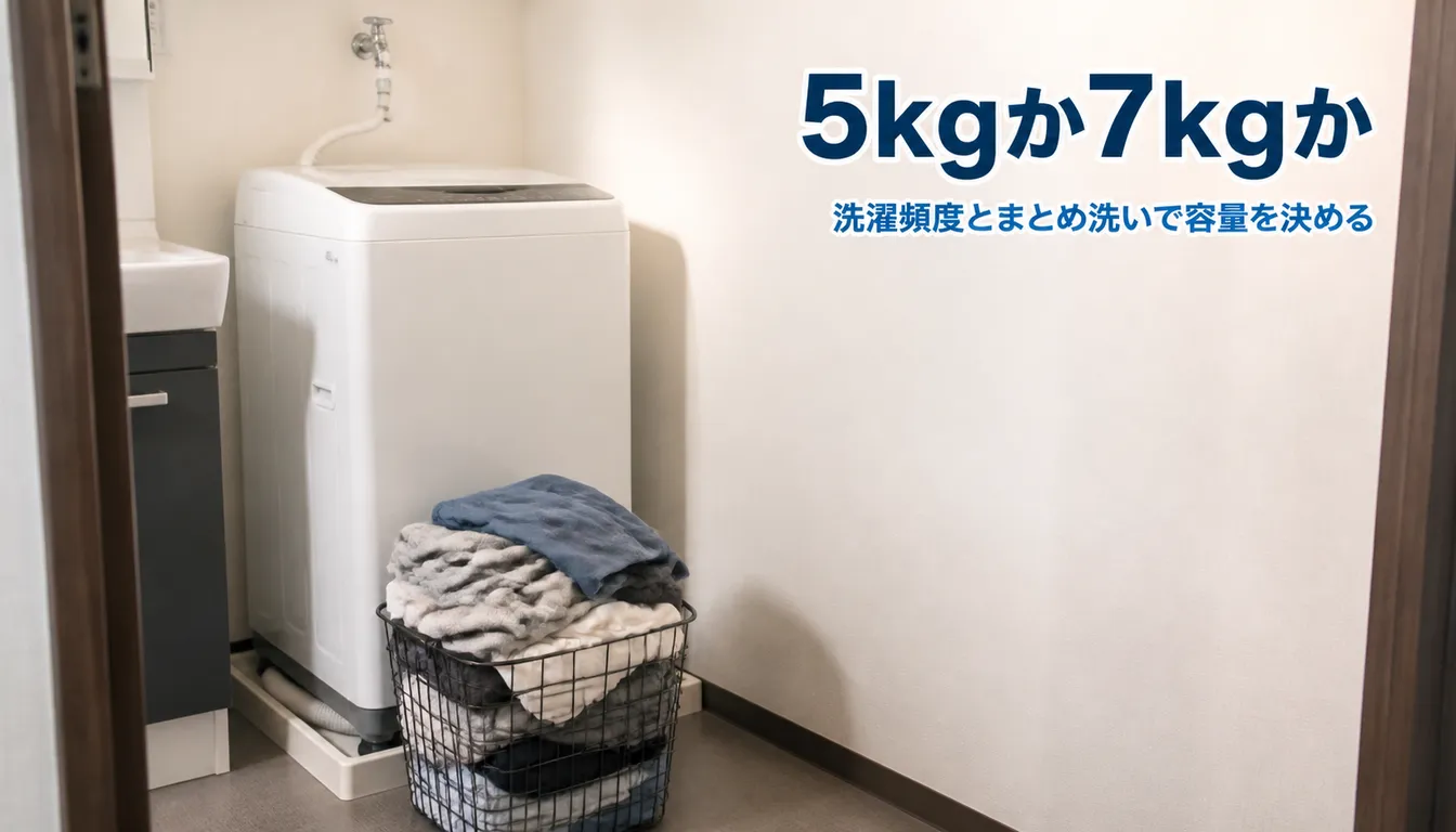 一人暮らし向けの白い縦型洗濯機と洗濯かご