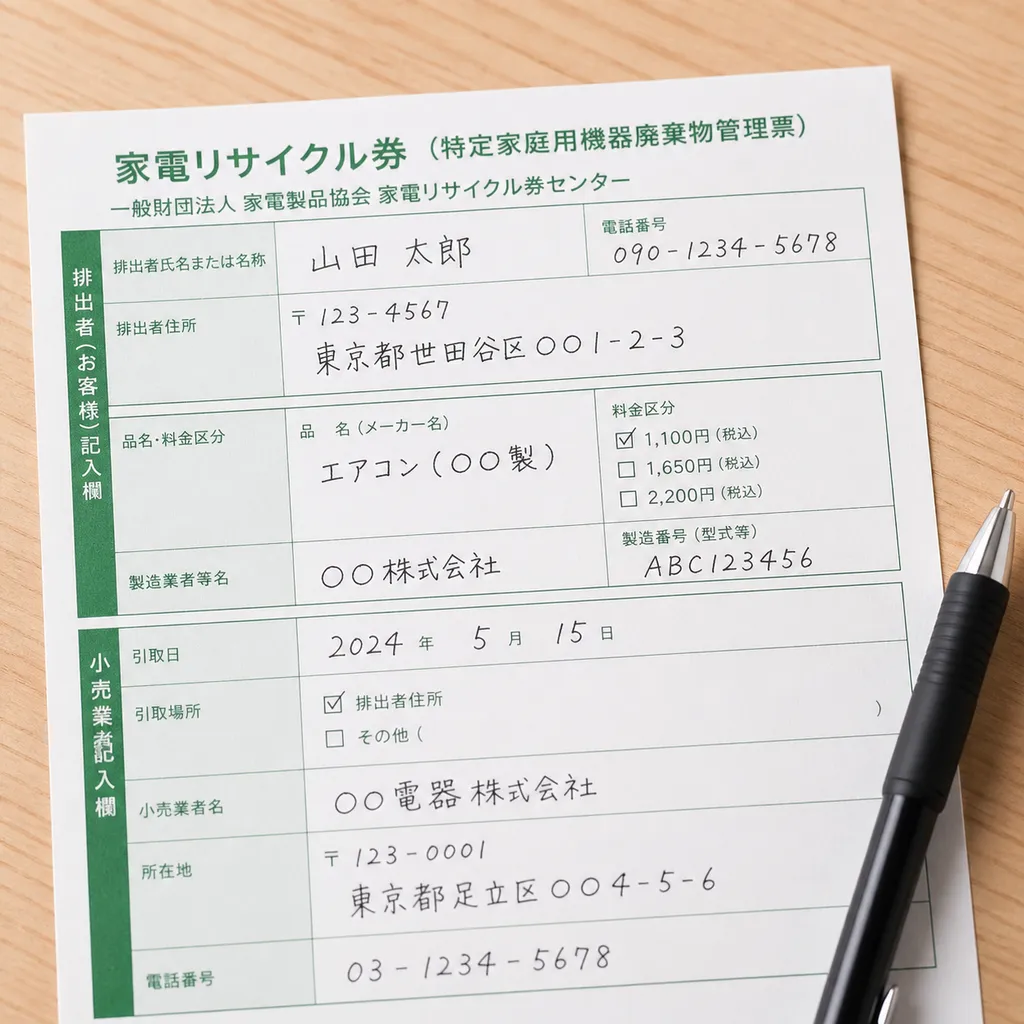 必要事項を書き込んだ家電リサイクル券