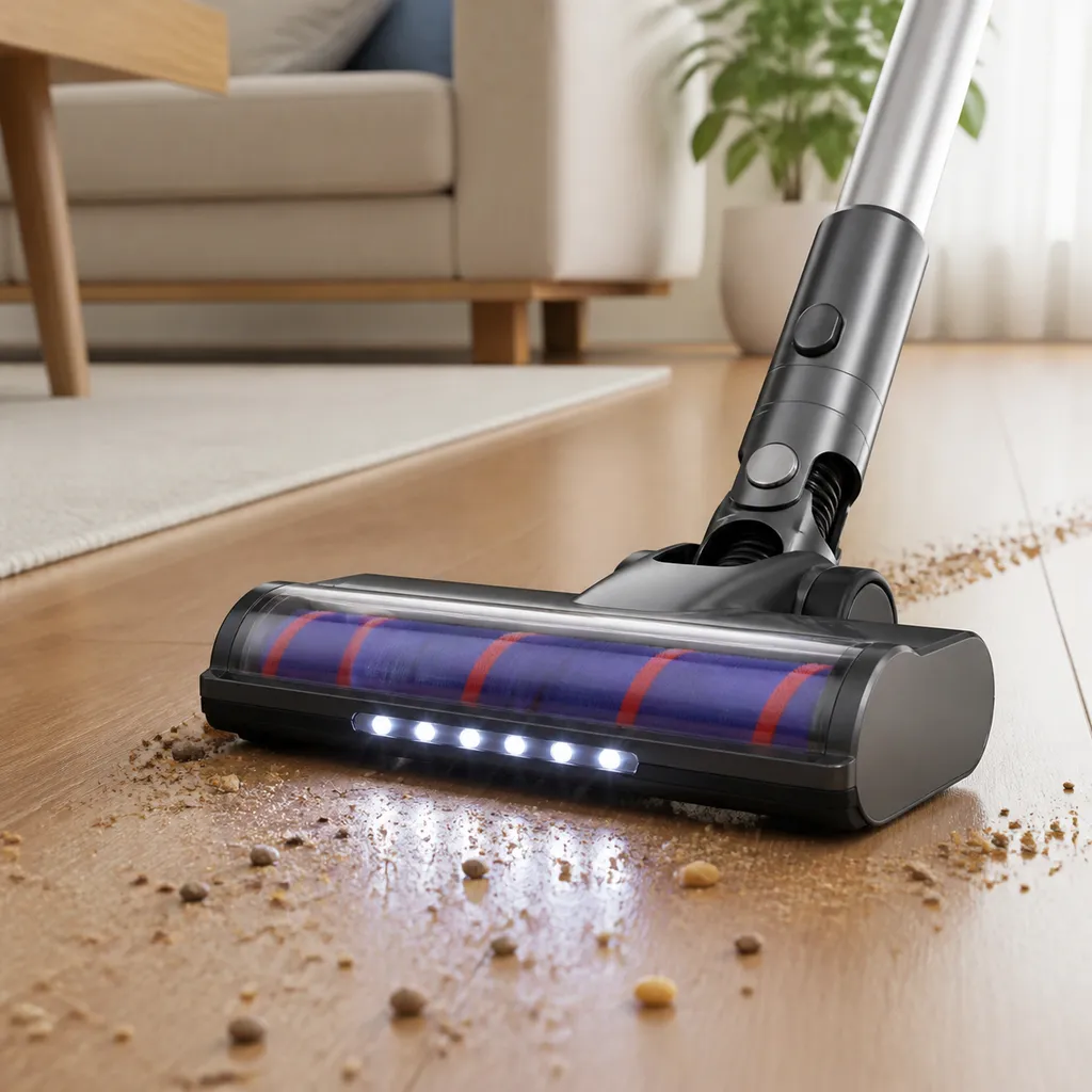 やわらかいブラシとLEDライトを備えた掃除機のヘッド