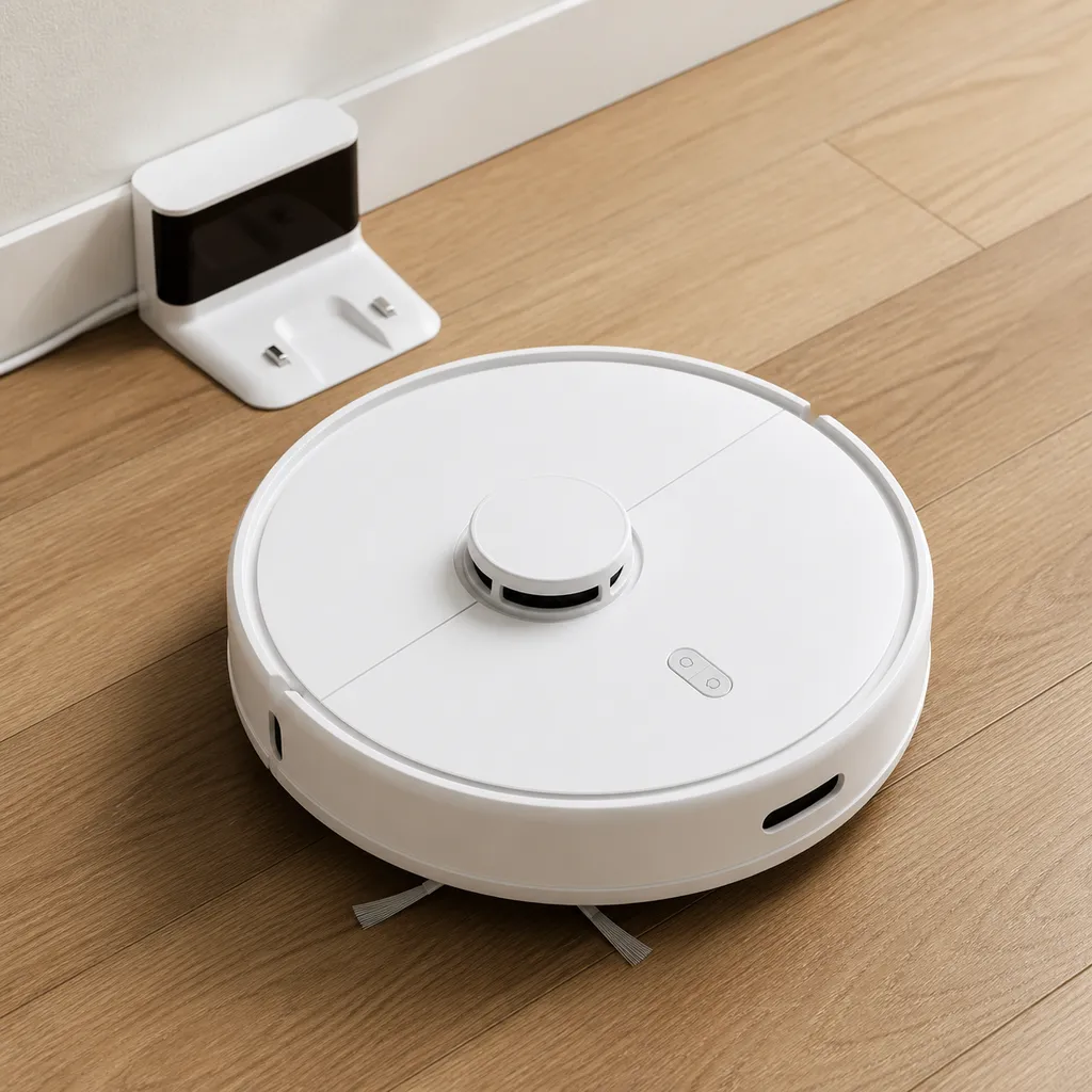 レーザーセンサーを備えた円形の白いロボット掃除機