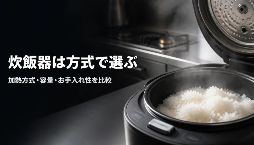 湯気の立つ黒い炊飯器と厚い内釜