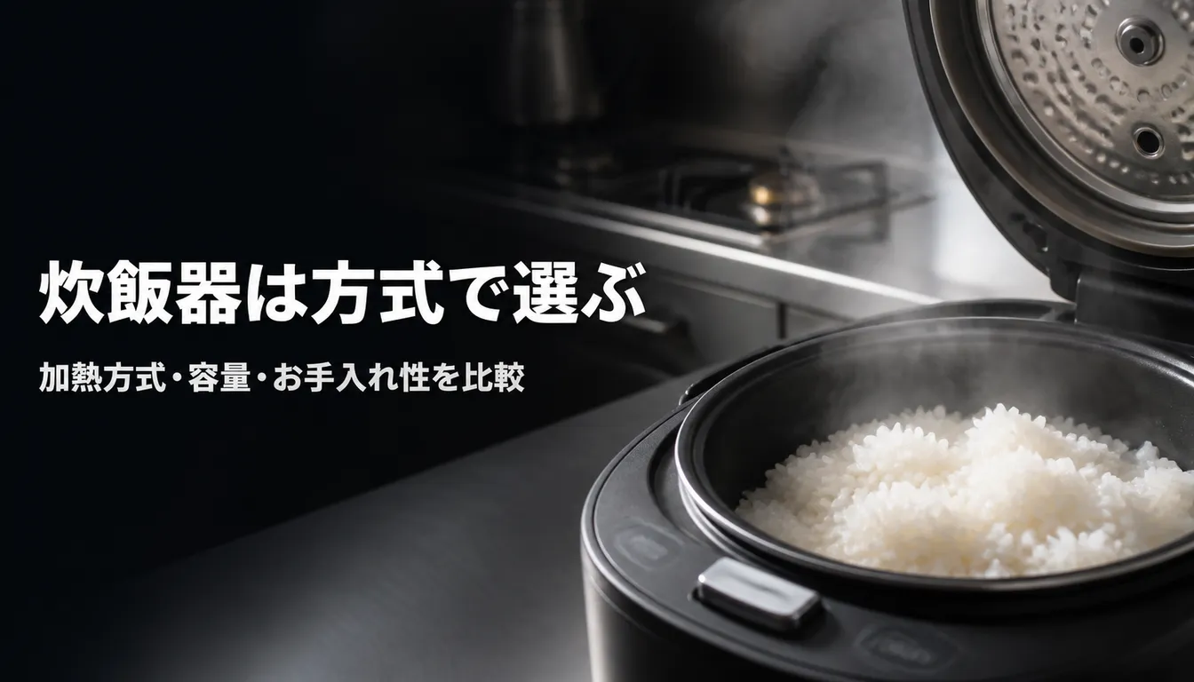 湯気の立つ黒い炊飯器と厚い内釜