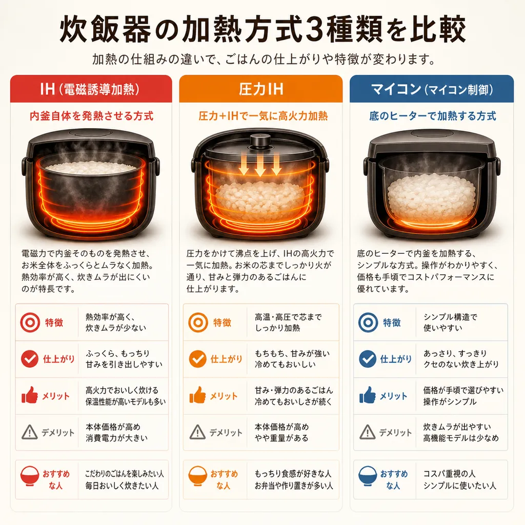 マイコン・IH・圧力IHの加熱方式を比べた図解