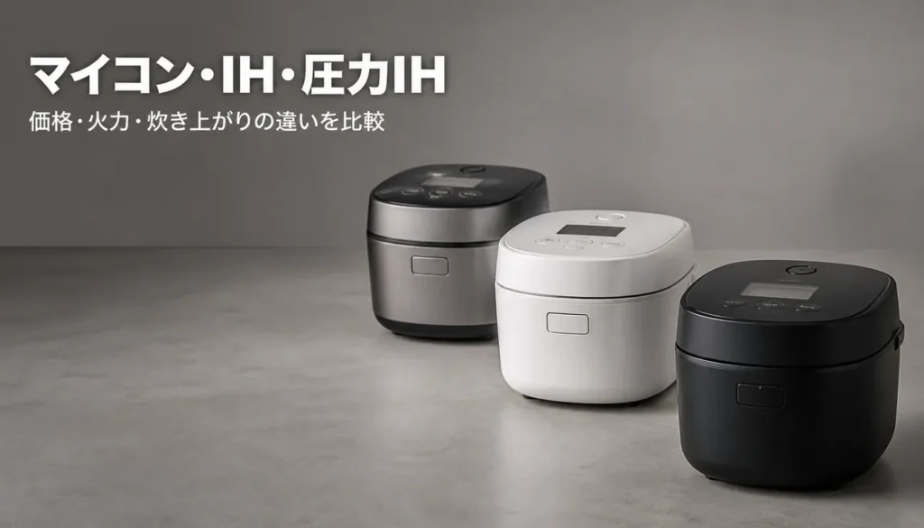 大きさの異なる炊飯器を並べて比較したイメージ