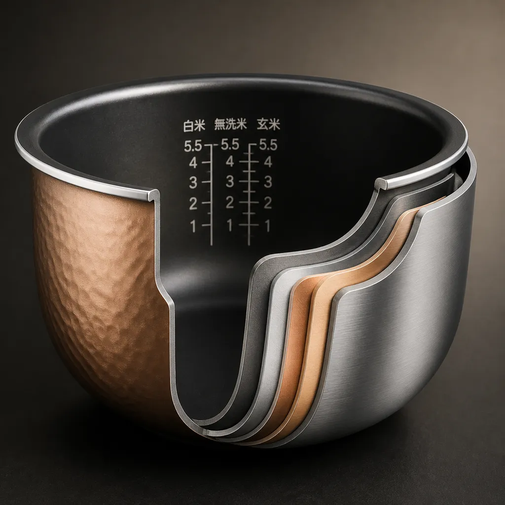 厚みのある多層構造の炊飯器の内釜