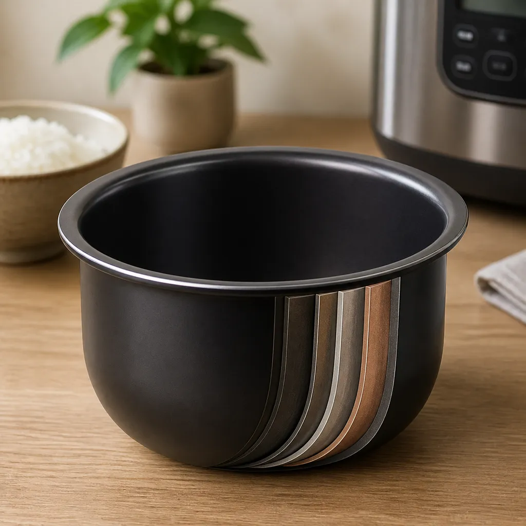 黒いコーティングが施された厚手の炊飯器の内釜