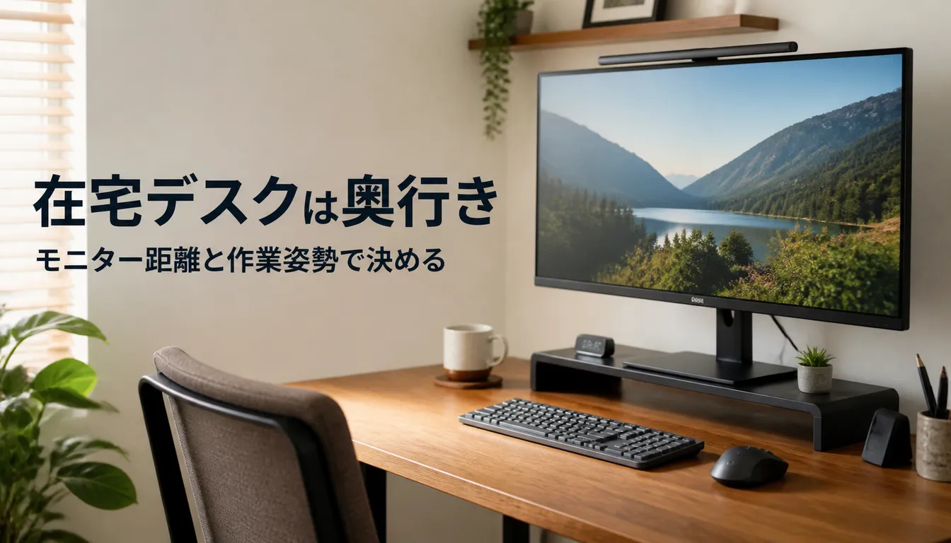 モニターとキーボードを置いた木製の在宅ワークデスク